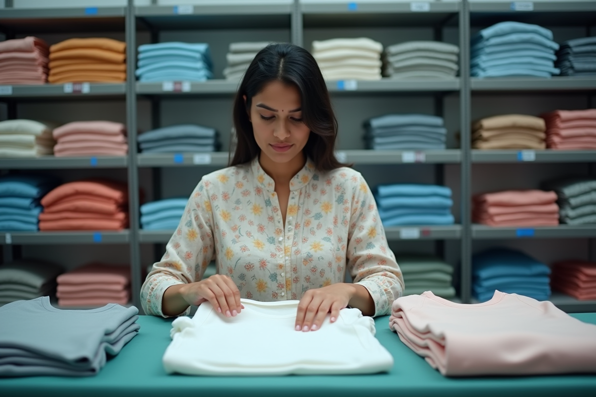 Femme indienne plie des sweatshirts dans un atelier moderne