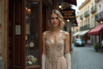 Femme en robe flapper des années 20 devant une boutique vintage