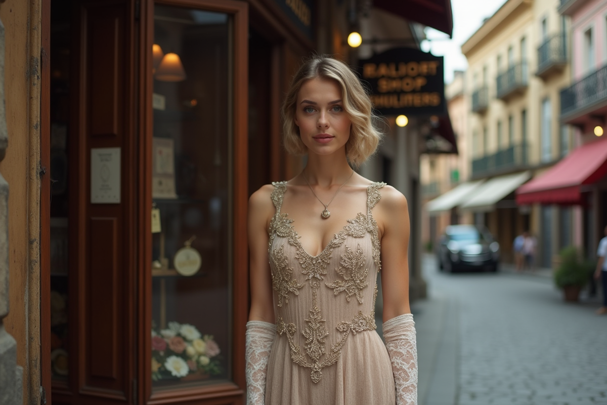 Femme en robe flapper des années 20 devant une boutique vintage