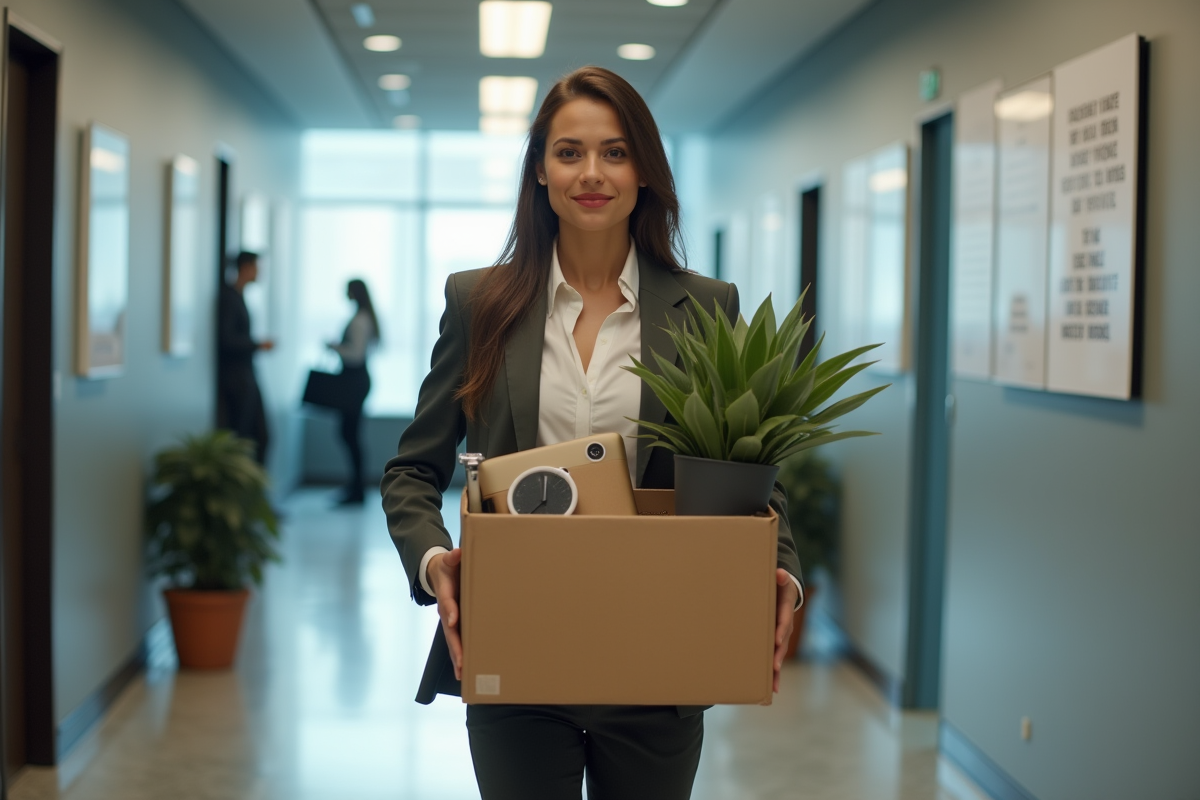 Femme d affaires avec carton dans un couloir d entreprise