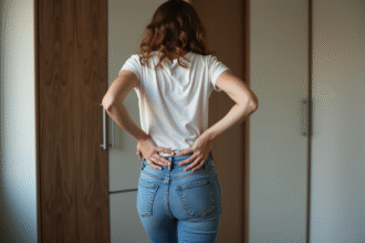 Femme se plaignant de douleurs au dos en jeans