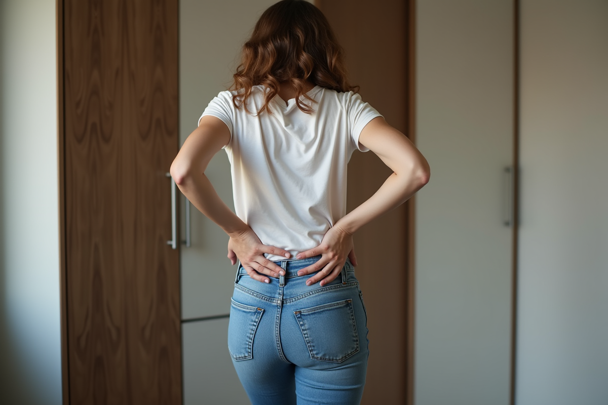 Femme se plaignant de douleurs au dos en jeans