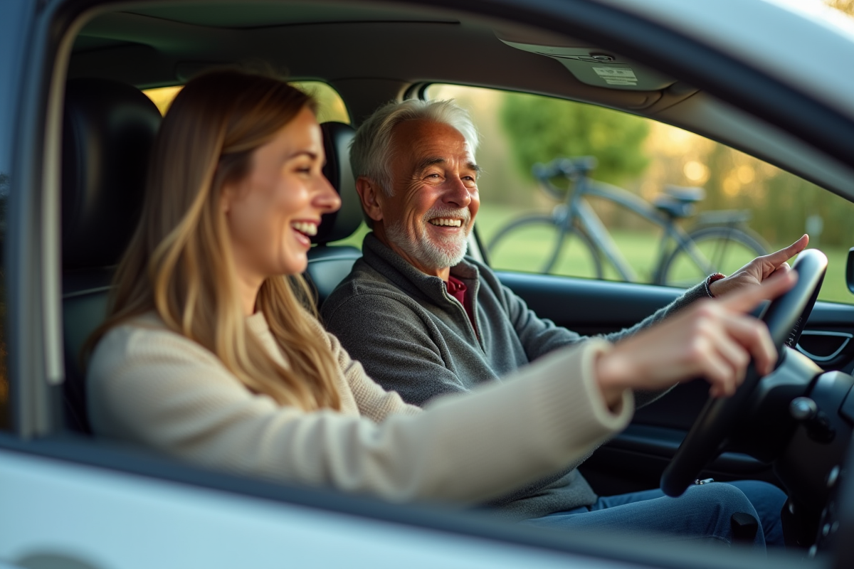 Jeune femme et homme âgé dans une voiture souriant