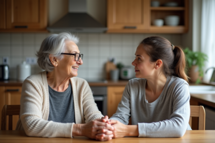 Femme âgée et fille discutant à la cuisine