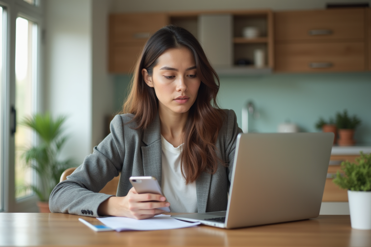 Jeune femme examinant ses appareils de finance à la maison