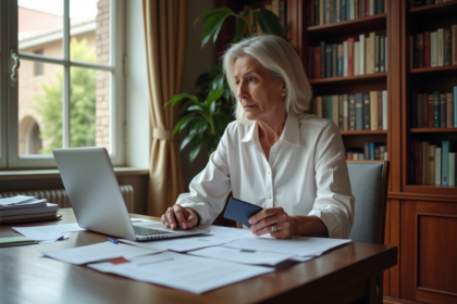 Femme d'âge moyen lisant des papiers dans un bureau à domicile