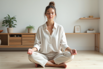 Femme méditant dans un salon minimaliste apaisant