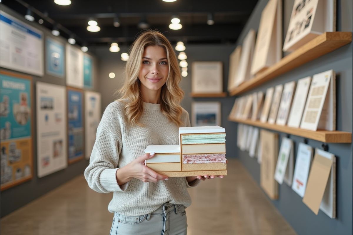 Jeune femme examinant un modele d isolation dans un showroom