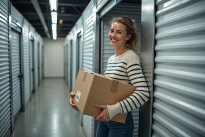 Jeune femme ferme une unité de stockage moderne avec boîte étiquetée