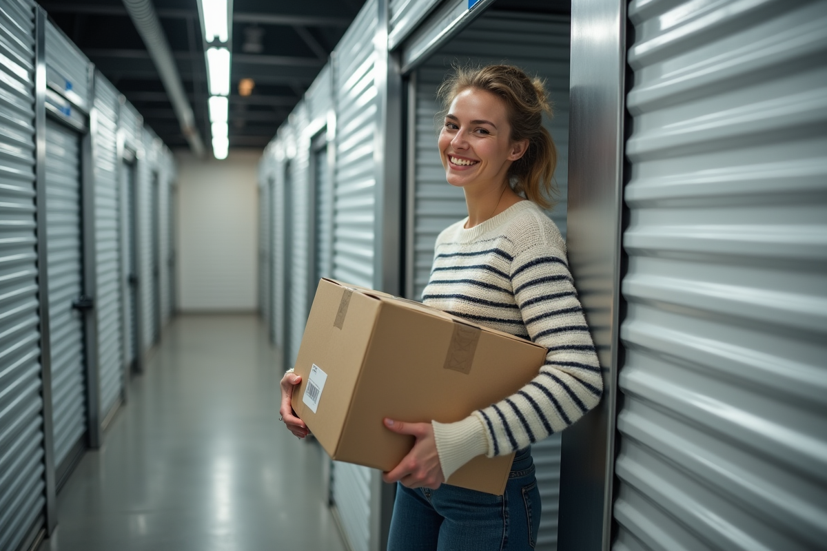 Jeune femme ferme une unité de stockage moderne avec boîte étiquetée
