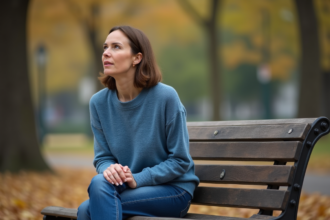 Femme contemplative assise sur un banc dans un parc en automne