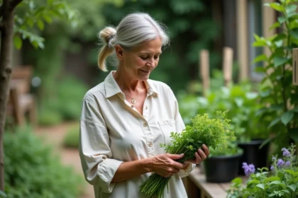 Femme examinant des plantes médicinales dans un jardin