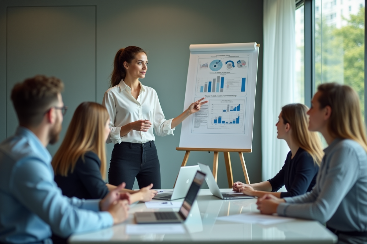 Jeune femme présentant des données financières en réunion