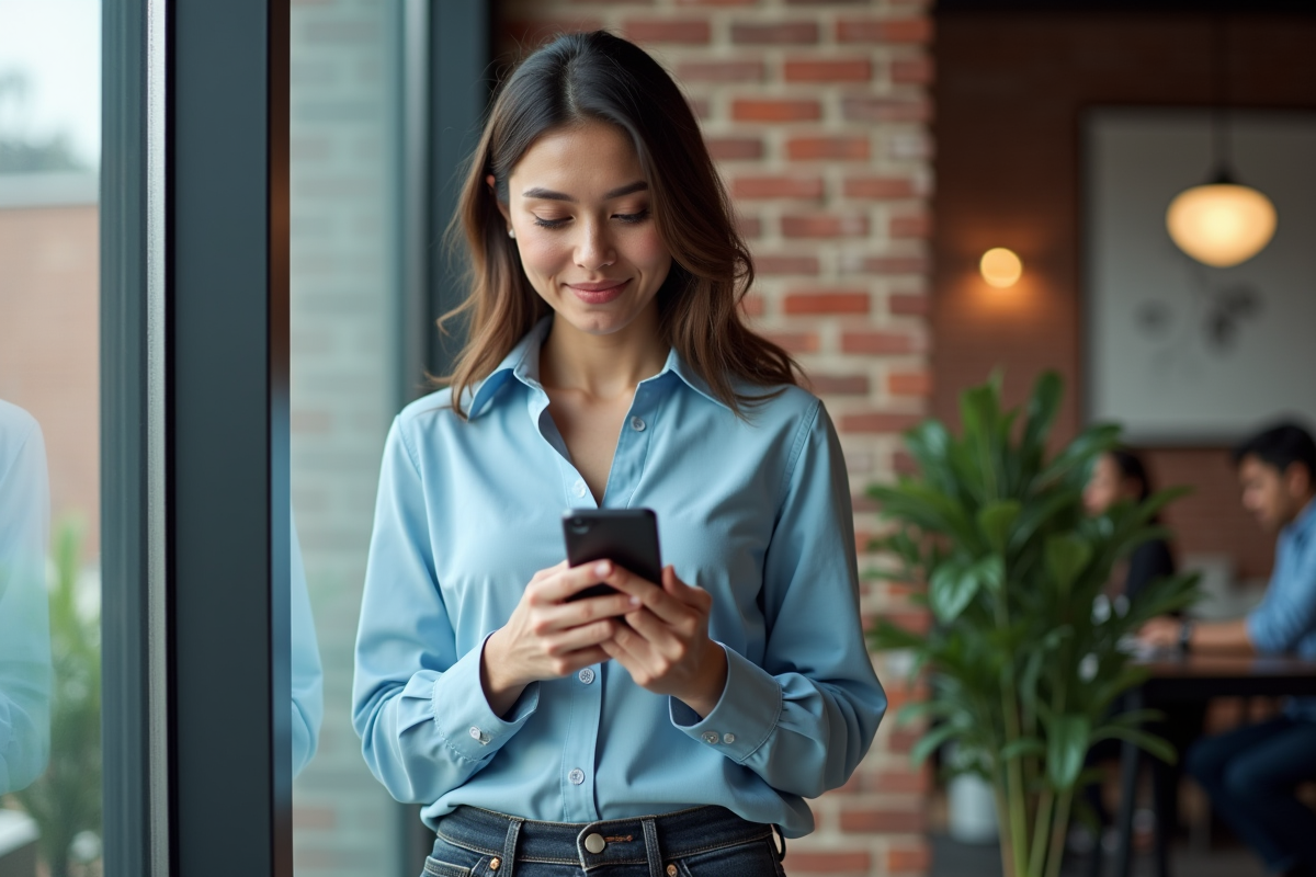 Femme SEO vérifie une page web avec son smartphone dans un coworking