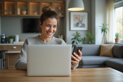 Jeune femme professionnelle utilisant un ordinateur dans un appartement moderne