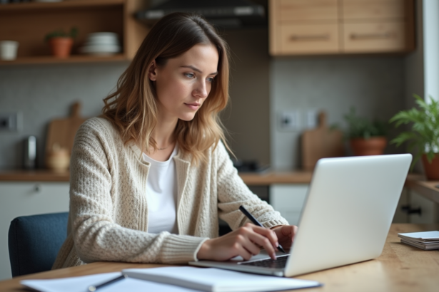 Femme concentrée travaillant à son bureau à domicile