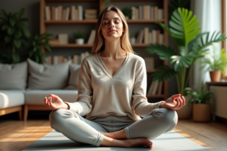 Femme en yoga dans un intérieur paisible et cosy