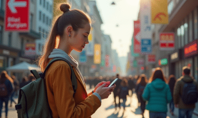 Jeune femme utilisant une application de traduction en ville