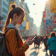 Jeune femme utilisant une application de traduction en ville