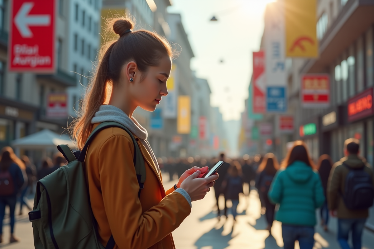 Jeune femme utilisant une application de traduction en ville