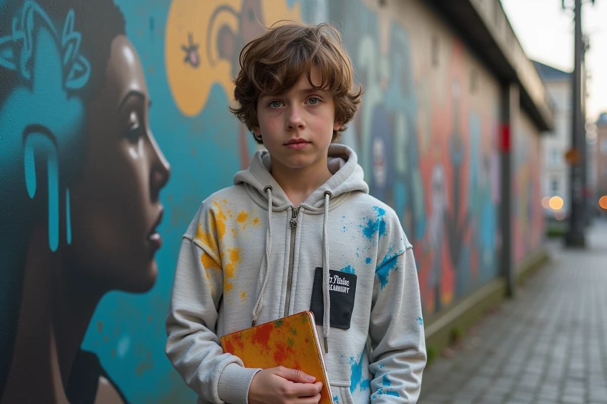 Adolescent devant un mur de graffiti urbain