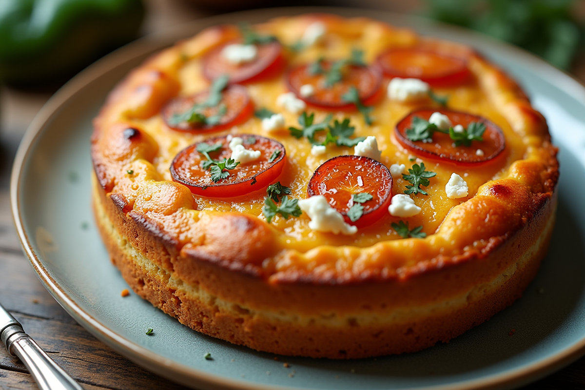 Gâteau chorizo et feta en gros plan sur assiette moderne
