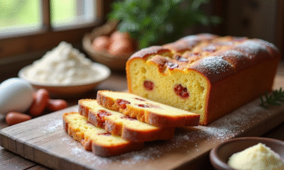 Gâteau tranché avec chorizo et feta sur table en bois
