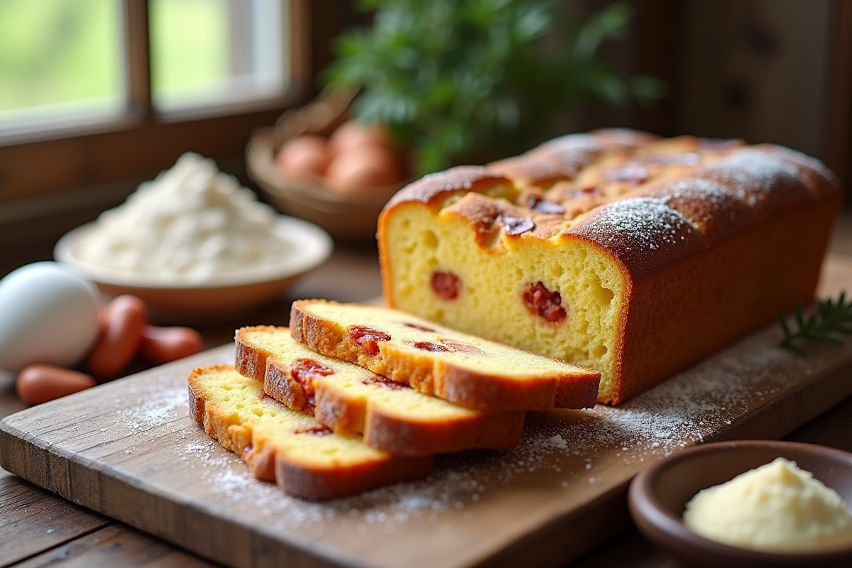 Gâteau tranché avec chorizo et feta sur table en bois