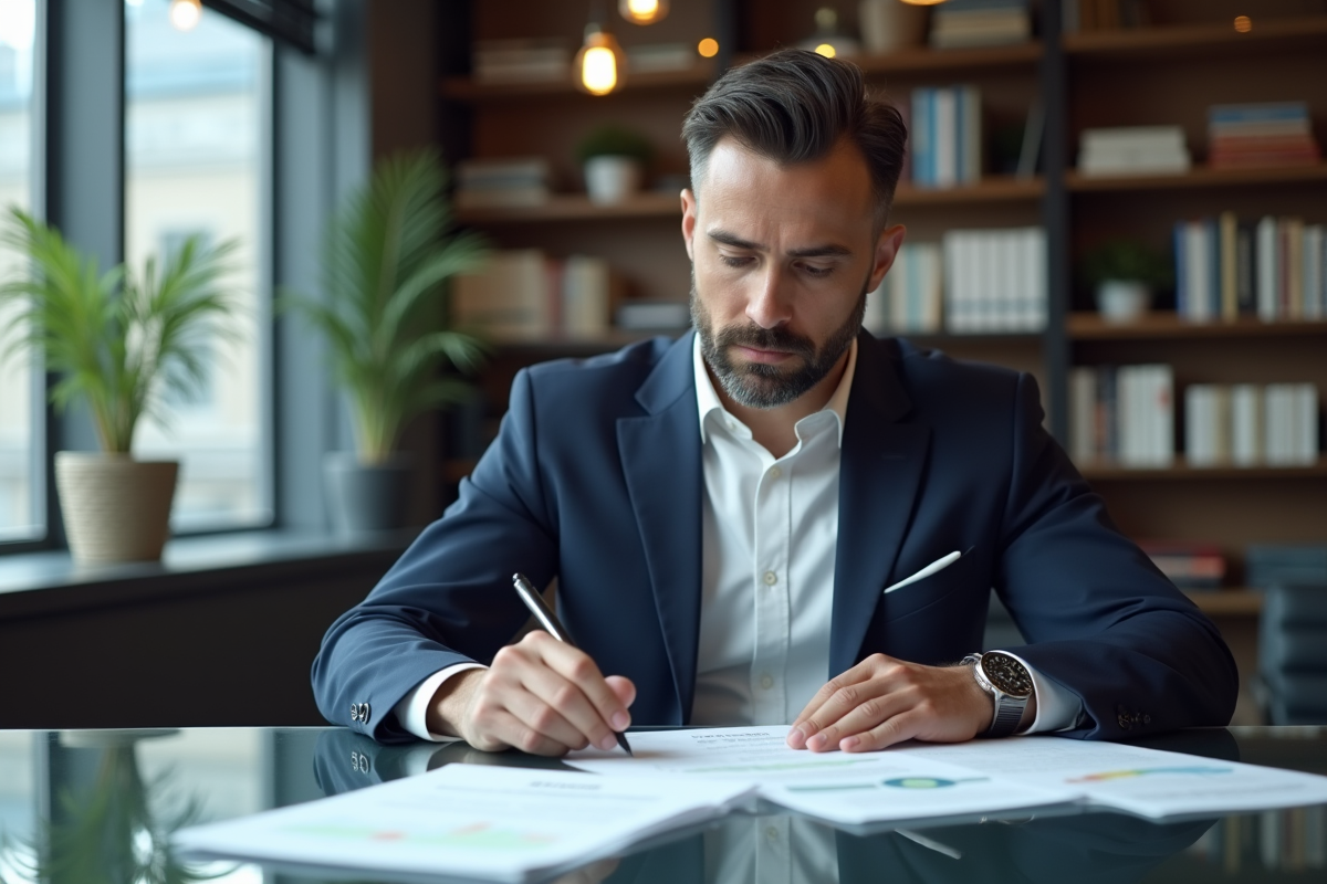 Manager financier en bureau moderne analysant des rapports