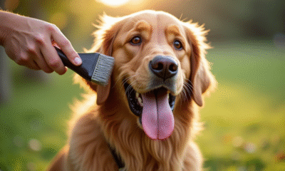 Golden retriever brossé en extérieur par beau temps