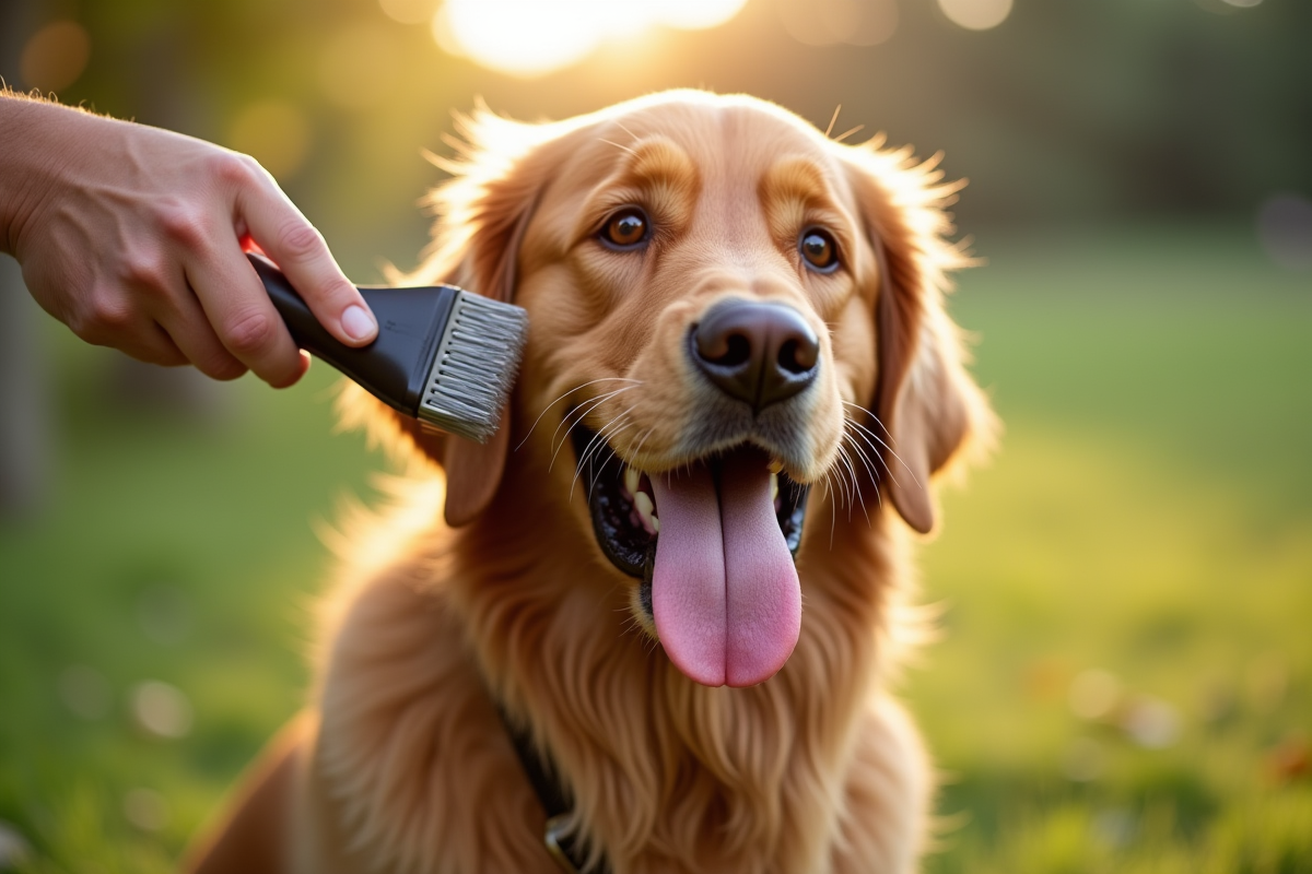 Golden retriever brossé en extérieur par beau temps