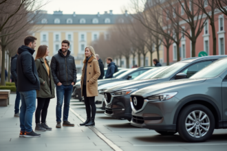 Groupe de personnes devant des voitures en ville