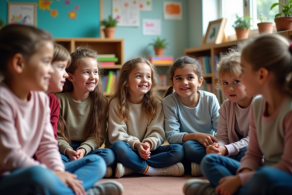Groupe d'enfants en cercle en classe avec livres et affiches
