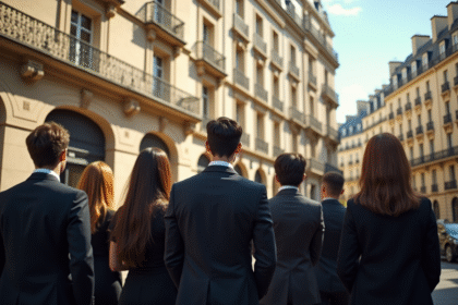 Groupe de professionnels devant un immeuble parisien