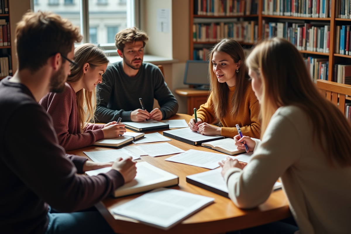 Jeunes adultes collaborant autour d une table en bibliothèque universitaire