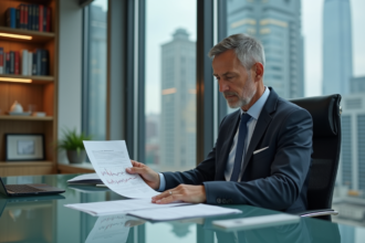 Homme d'affaires lisant un rapport financier dans un bureau lumineux