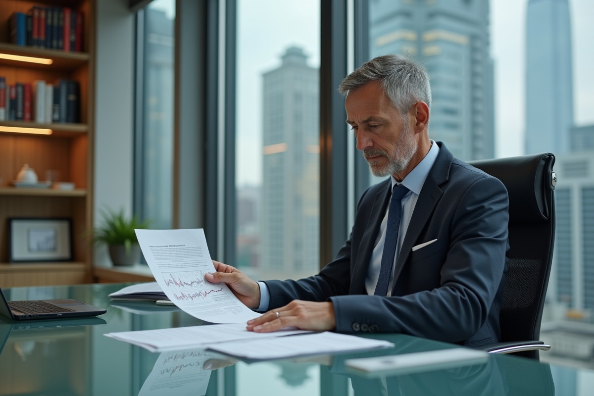 Homme d'affaires lisant un rapport financier dans un bureau lumineux