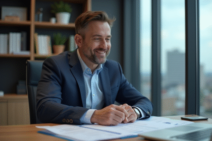 Homme d'affaires en costume bleu dans un bureau moderne