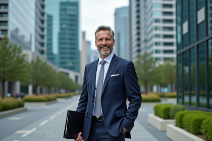 Homme d'affaires confiant en costume dans un quartier urbain
