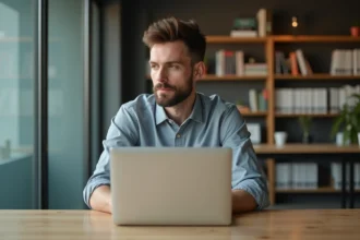 Homme concentré dans un bureau moderne avec ordinateur