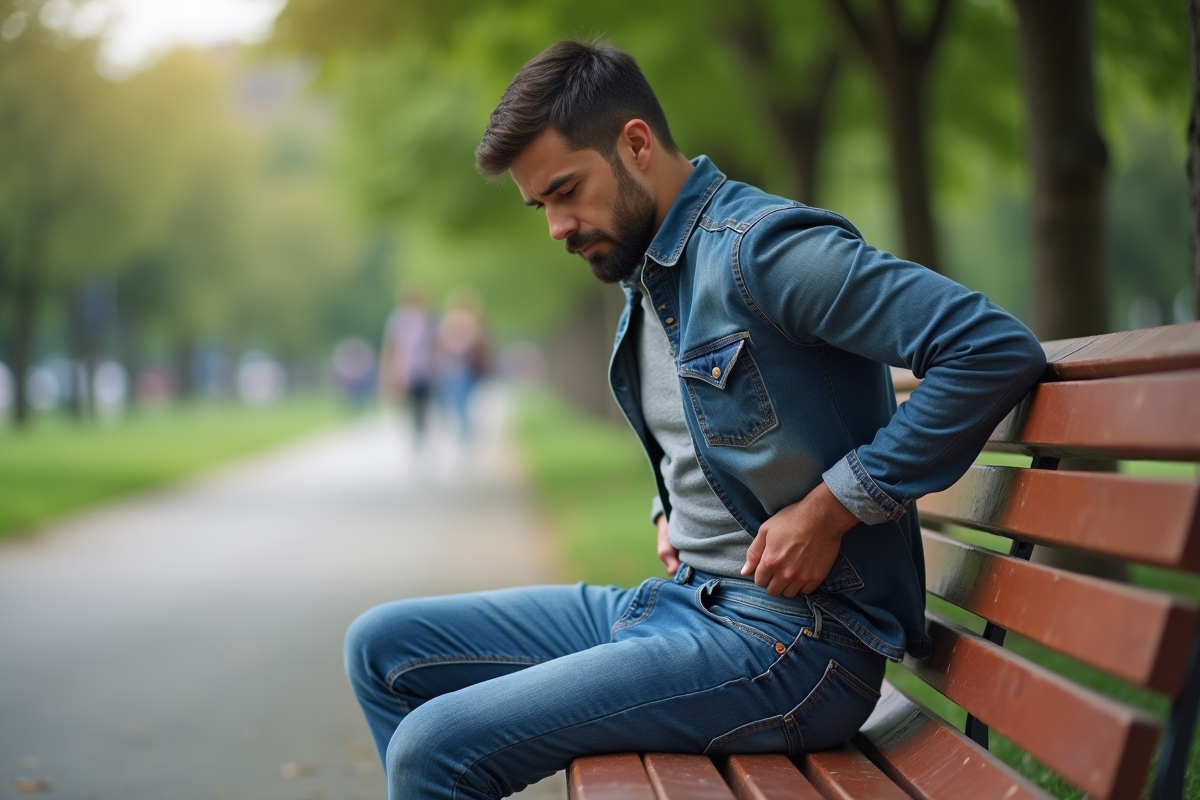Homme assis dans un parc ajustant son jean serré
