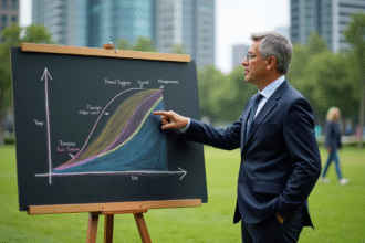 Homme d'affaires pointant un graphique éléphant coloré en extérieur