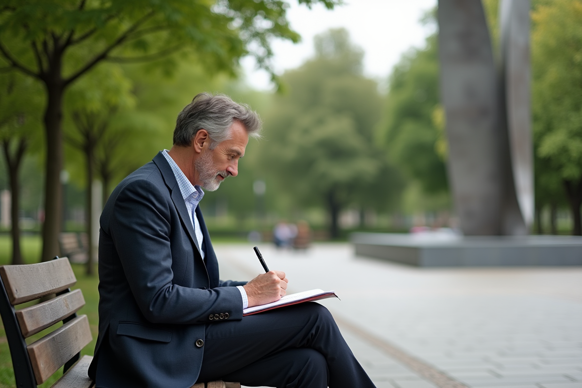 Homme en extérieur esquissant une sculpture dans un parc