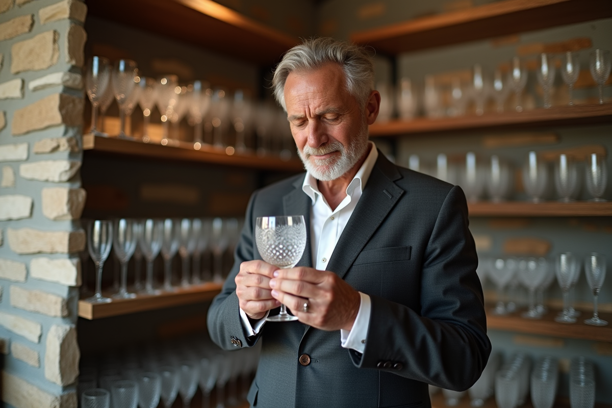 Homme distingué inspectant un verre de cristal