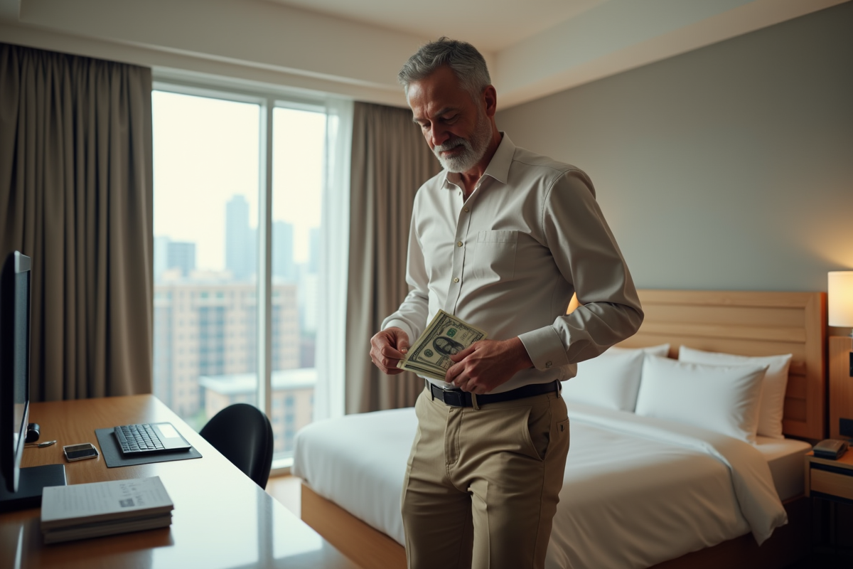 Homme plaçant des enveloppes dans sa poche à l