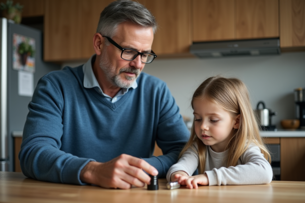 Homme d'âge moyen expliquant la batterie à une jeune fille dans la cuisine