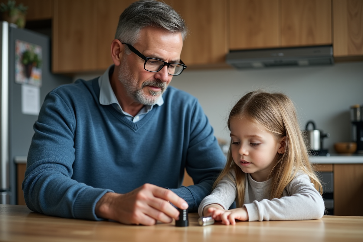 Homme d'âge moyen expliquant la batterie à une jeune fille dans la cuisine