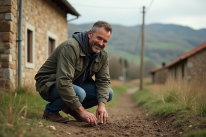 Homme d'âge moyen inspectant un terrain rural en pleine nature