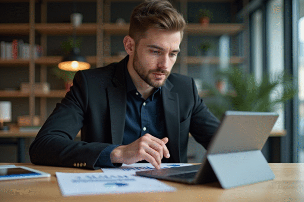 Jeune homme professionnel examine un tableau comparatif sur une tablette