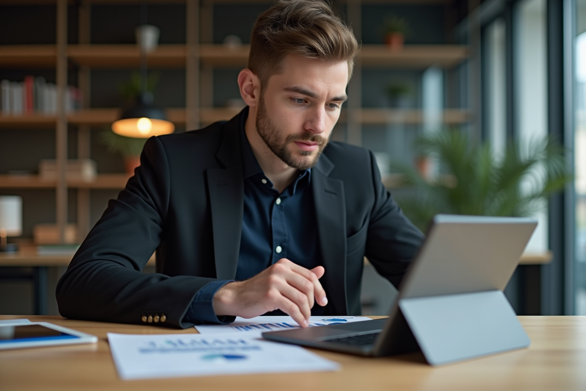 Jeune homme professionnel examine un tableau comparatif sur une tablette